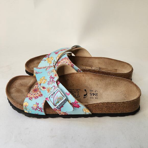 Birkenstock Birki's Slide Sandals EU 38 US 7 Blue Floral Criss Cross Shoes - Picture 4 of 6